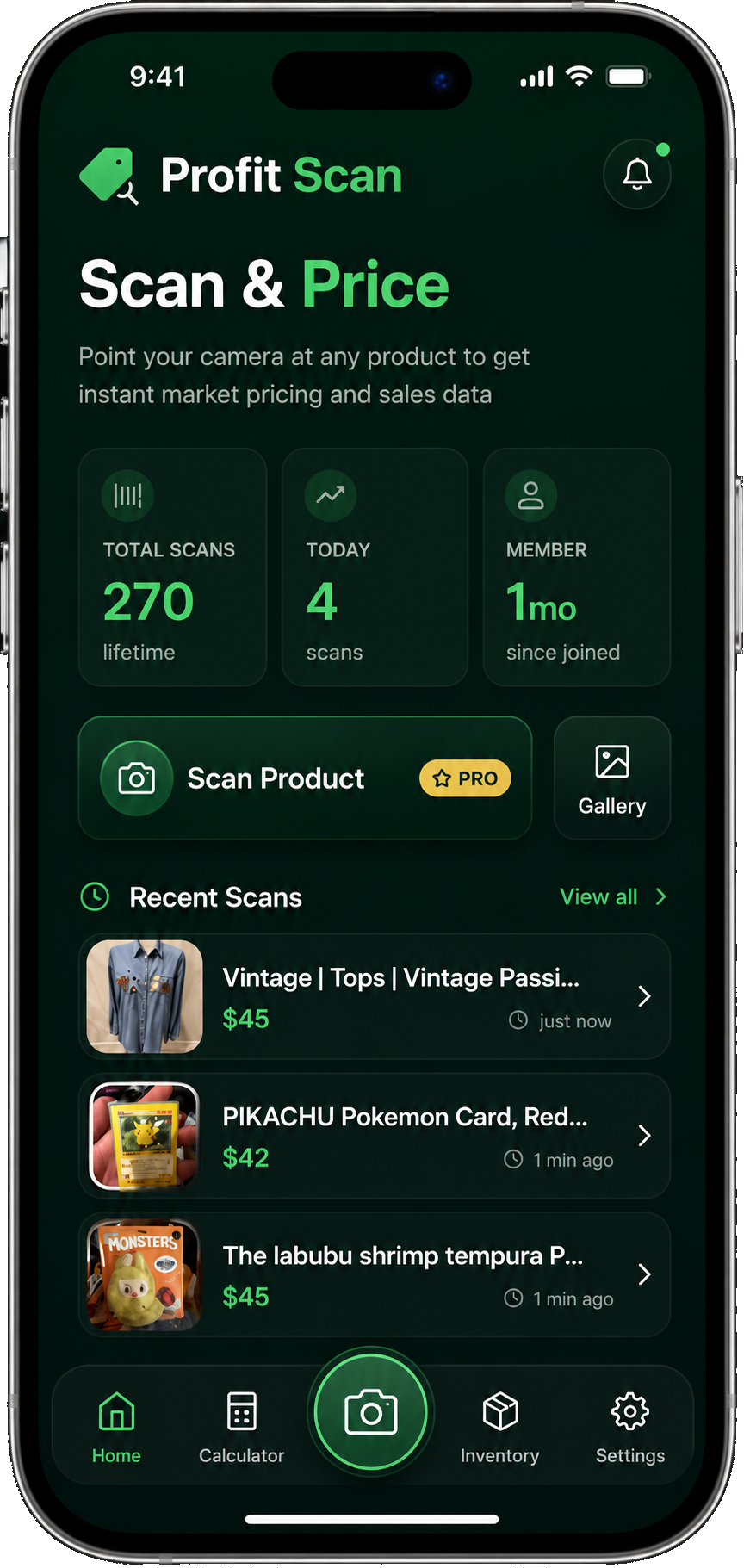 ProfitScan AI app showing scan history and Scan Product CTA